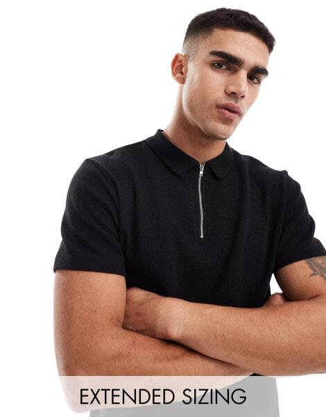 ASOS DESIGN waffle zip neck polo shirt in black