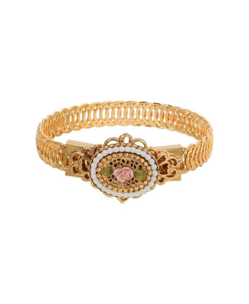 Imitation Pearl Pink Enamel Flower Belt Bracelet