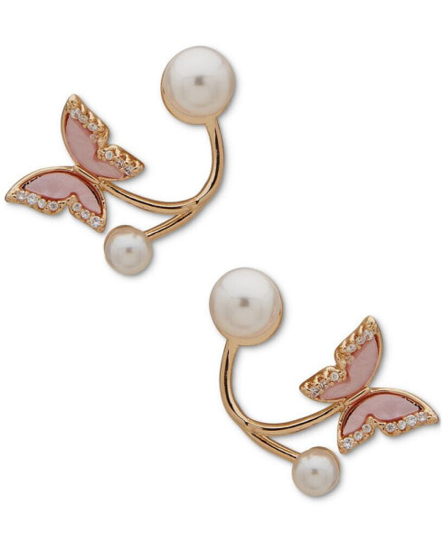 Gold-Tone Pavé Pink Butterfly & Imitation Pearl Drop Earrings