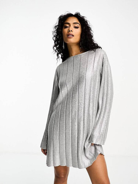 4th & Reckless metallic tie back mini jumper dress in silver