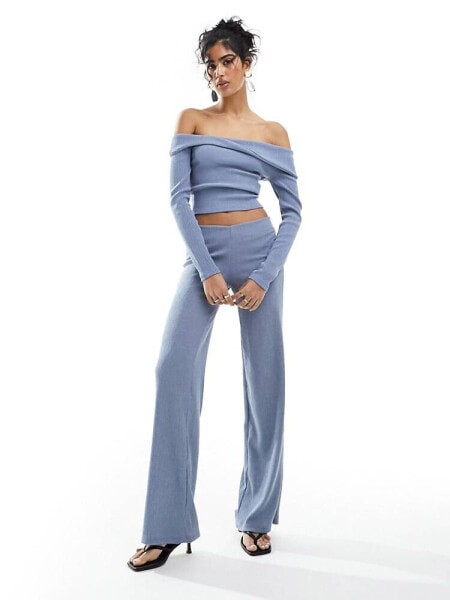 Bershka crinkle flared trousers co-ord in blue