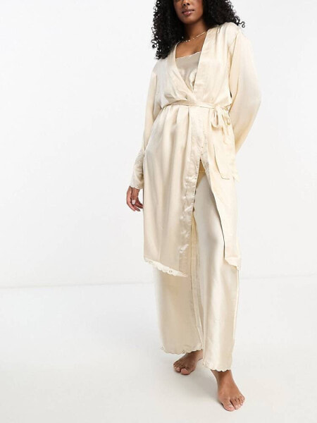 ASOS DESIGN premium satin embroidered midi robe in cream