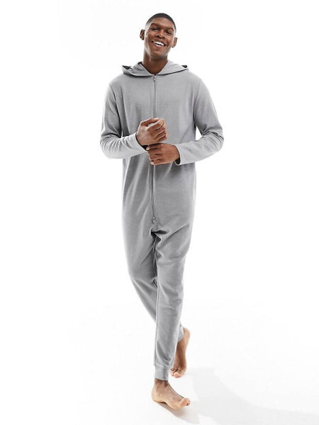 ASOS DESIGN waffle textured onesie in grey marl