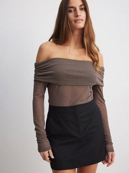NA-KD fine knit draped neck top in light brown
