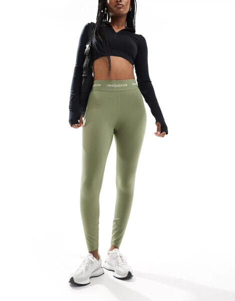 New Balance Linear Logo sleek 25 inch high rise leggings in olive green