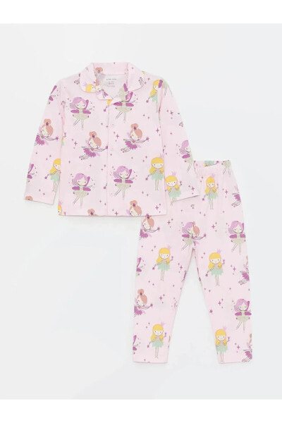 Polo Yaka Uzun Kollu Baskılı Kız Bebek Pijama Takım