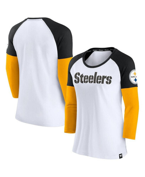 Women's White, Black Pittsburgh Steelers Durable Raglan 3/4-Sleeve T-shirt