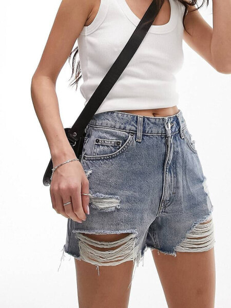 Topshop extreme ripped a-line Mom short in mid blue