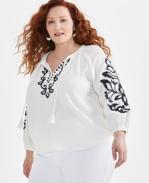 Plus Size Tie Neck Cotton Peasant Blouse, Created for Macy's