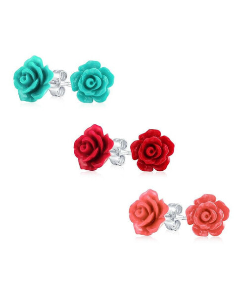 Set of 3 Delicate Floral Blooming 3D carved Red Blue Coral Rose Flower Stud Earrings For Women For For Mother Silver Plated