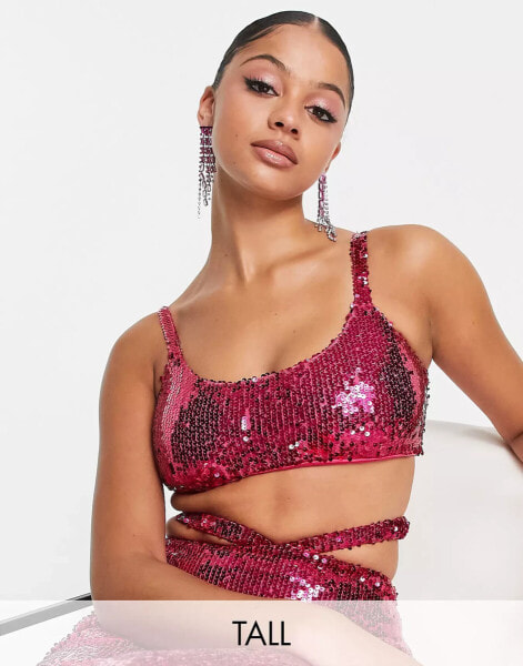 Simmi Tall Summer sequin bralette top co-ord in pink