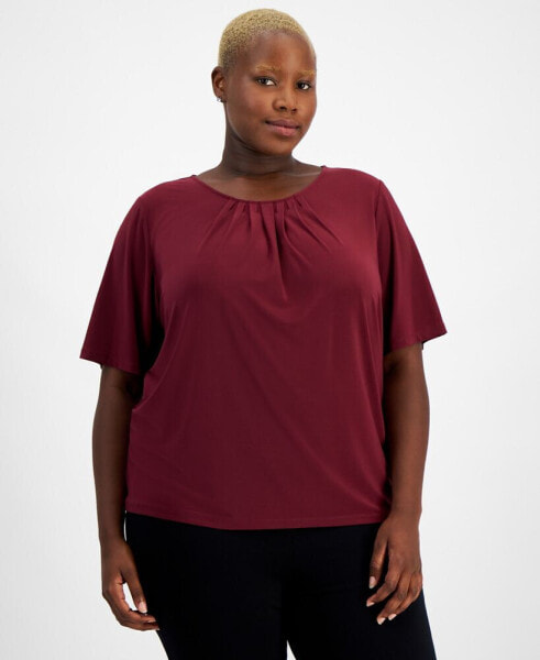 Plus Size Pleated-Scoop-Neck Short-Sleeve Blouse