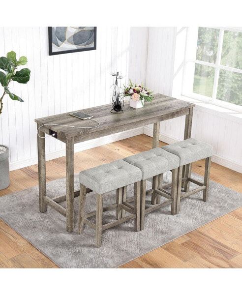 Industrial Dining Table and Bar Stool Set with Wood Grain Finish and Space-Saving Design