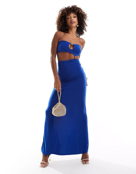 ASOS DESIGN bandeau with gold bead trim maxi dress in cobalt blue