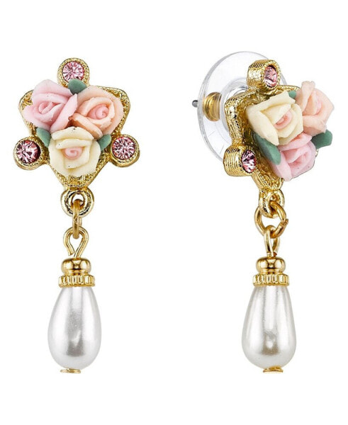 Серьги 2028 Gold-Tone Crystal Ivory and Pink Porcelain Rose Pearl