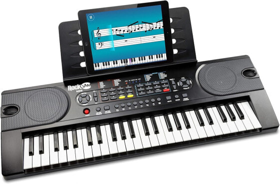 RockJam 49-key portable digital piano keyboard with power stand, power supply and note key stickers