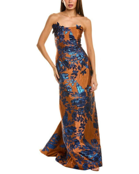 Rene Ruiz Strapless Applique Brocade Gown Women's Orange 16