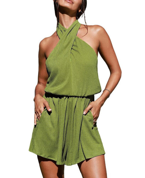 Women's Grass Green Crossover Halterneck Mini Beach Dress