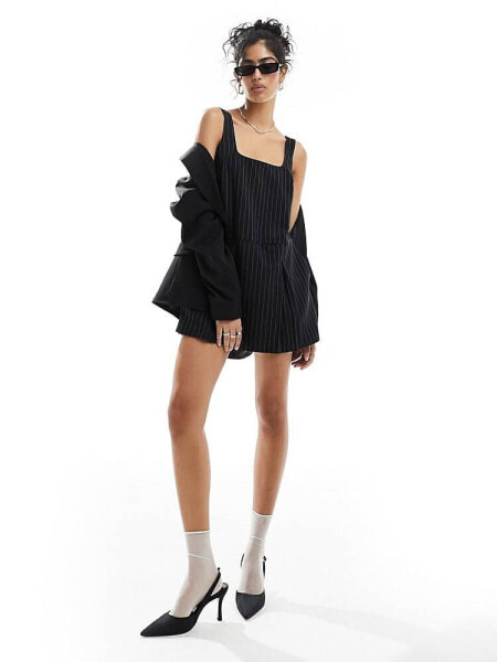 ASOS DESIGN square neck pinafore playsuit in black pinstripe