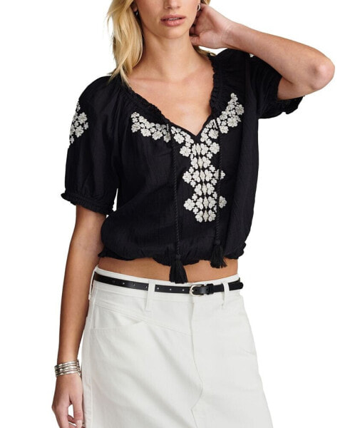 Women's Embroidered Cotton Peasant Top