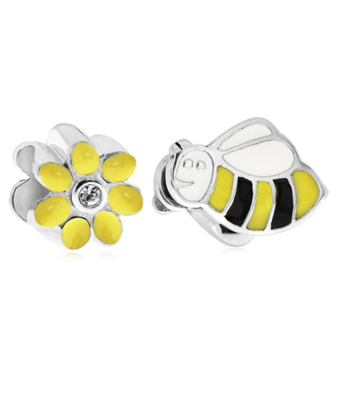 Children's Enamel Daisy Bee Bead Charms - Set of 2 in Sterling Silver