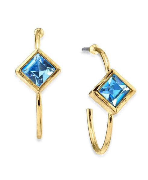 14K Gold-tone Diamond Shape Crystal Open Hoop Stainless Steel Post Small Earrings