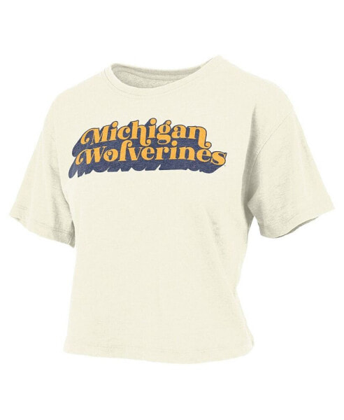 Women's White Michigan Wolverines Vintage-Like Easy Team Name Waist-Length T-shirt