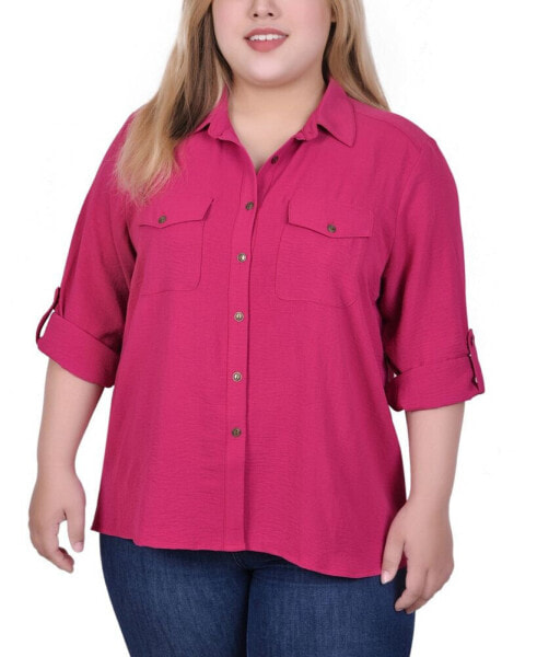 Plus Size Long Sleeve Roll Tab Blouse