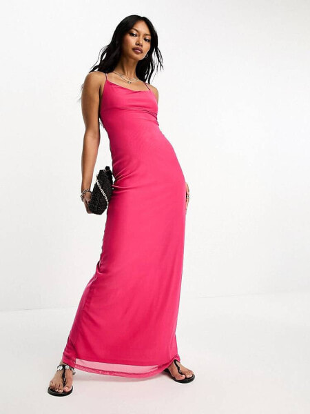 ASOS DESIGN square neck strappy maxi dress in bright pink 