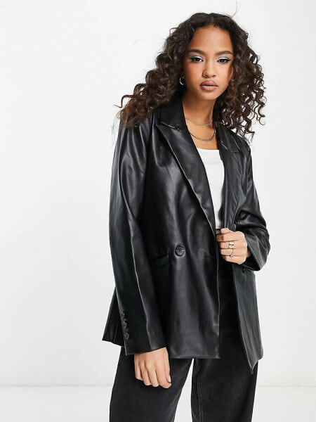 Pimkie faux leather double breasted oversized blazer in black 