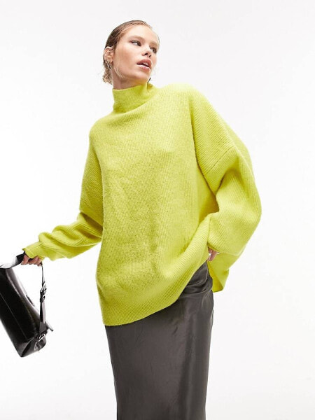 Topshop knitted funnel neck long line jumper in lime