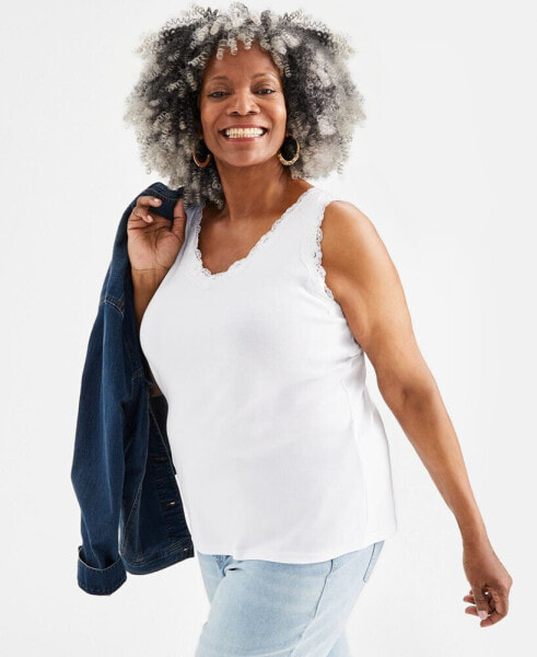 Plus Size Lace-Trimmed Tank Top, Created for Macy's