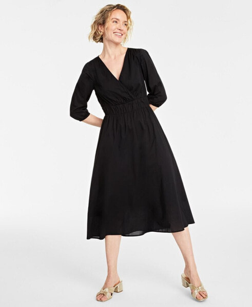 Women's Cotton Surplice-Neck 3/4-Sleeve Midi Dress, Created for Macy's