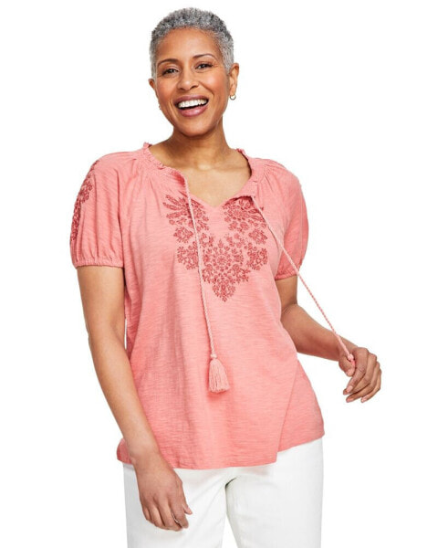 Petite Vacay Embroidered Tassel-Tie Top, Created for Macy's