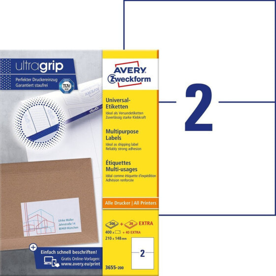 Avery Zweckform 3655-200 - White - Rectangle - Permanent - 210 x 148 mm - DIN A4 - Paper