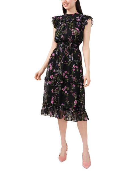 Women's Smocked Waist Flutter Sleeve Midi Dress