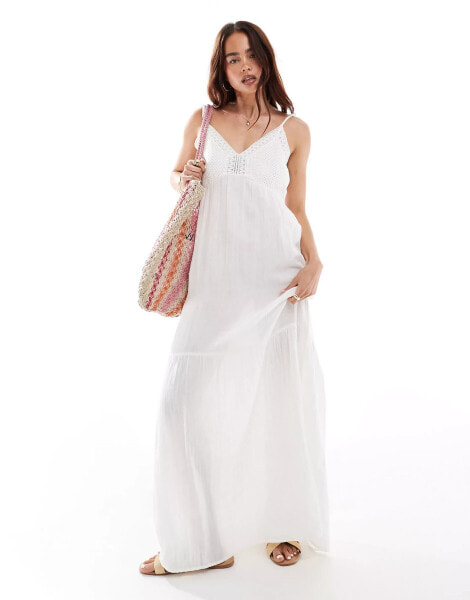 Pieces cotton beach maxi dress with lace detail in white