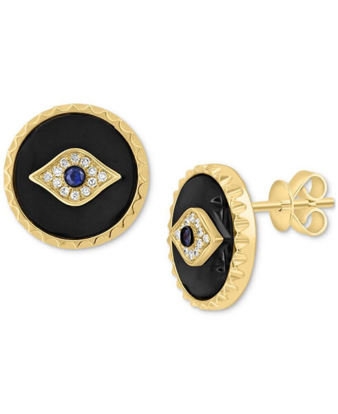 EFFY® Onyx, Diamond (1/20 ct. t.w.) & Sapphire (1/20 ct. t.w.) Evil Eye Stud Earrings in 14k Gold