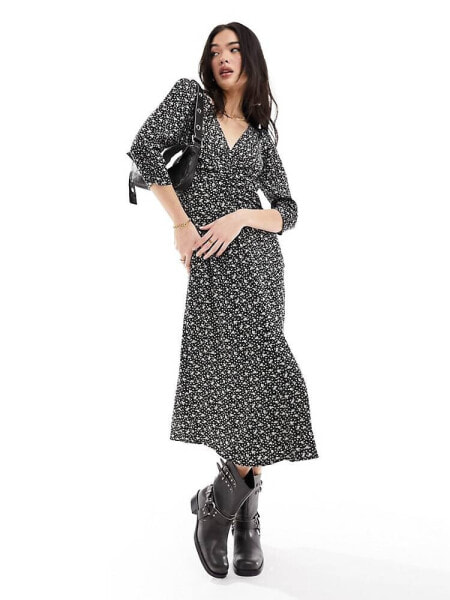 & Other Stories midi dress with ruched front and v neck in mono ditsy print 