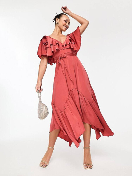 ASOS DESIGN satin v front v back ruffle midi dress in washed satin in rose