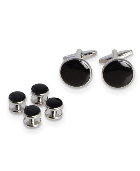 Rhodium-plated Black Enameled Cuff Link and Tuxedo Studs Set