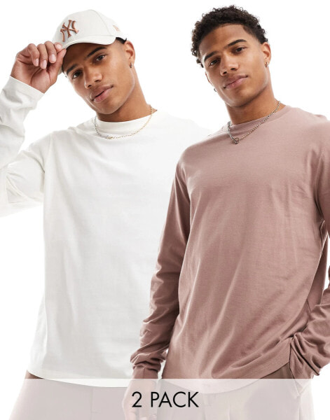 ASOS DESIGN 2 pack long sleeve t-shirts with crew neck in cream and brown