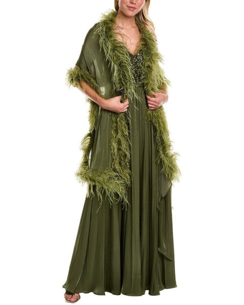 Badgley Mischka Feather Wrap Gown Women's Green 0