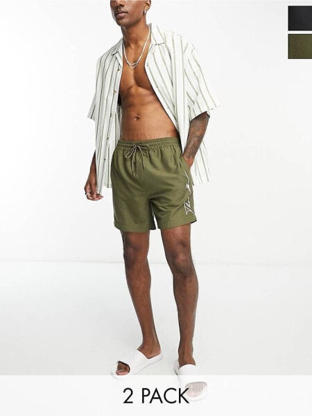 Threadbare emblem 2 pack swim short in black and khaki