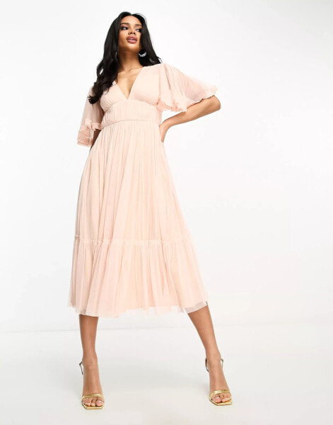 Beauut Bridesmaid tulle midi dress with flutter sleeve in blush