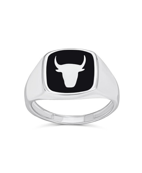 Signet Black Natural Onyx Square Western Texas Longhorn Buffalo Cow Antelope Skull Bull Men's Ring Sterling Silver