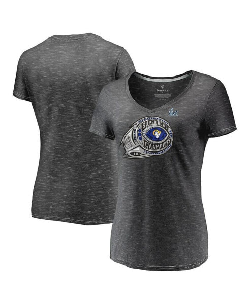 Women's Heather Charcoal Los Angeles Rams Super Bowl LVI Champions Ring Bling V-Neck T-shirt