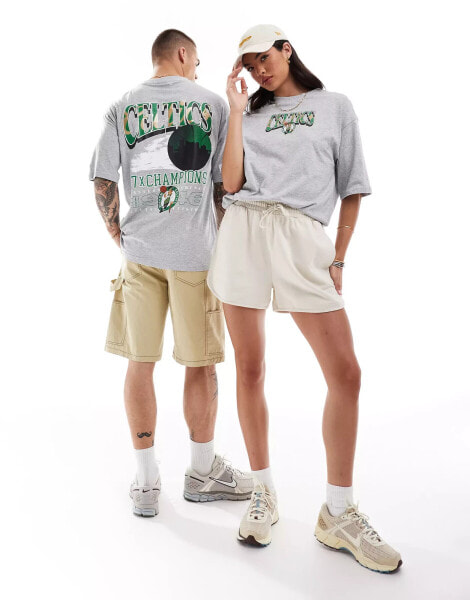 New Era – Unisex-T-Shirt in meliertem Grau mit „Boston Celtics“-Print