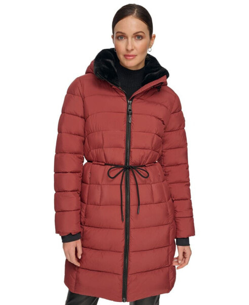 Women's Rope Belted Faux-Fur-Trim Hooded Puffer Coat