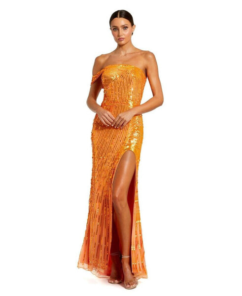 Women's One Shoulder Mesh Sequin Gown With Slit